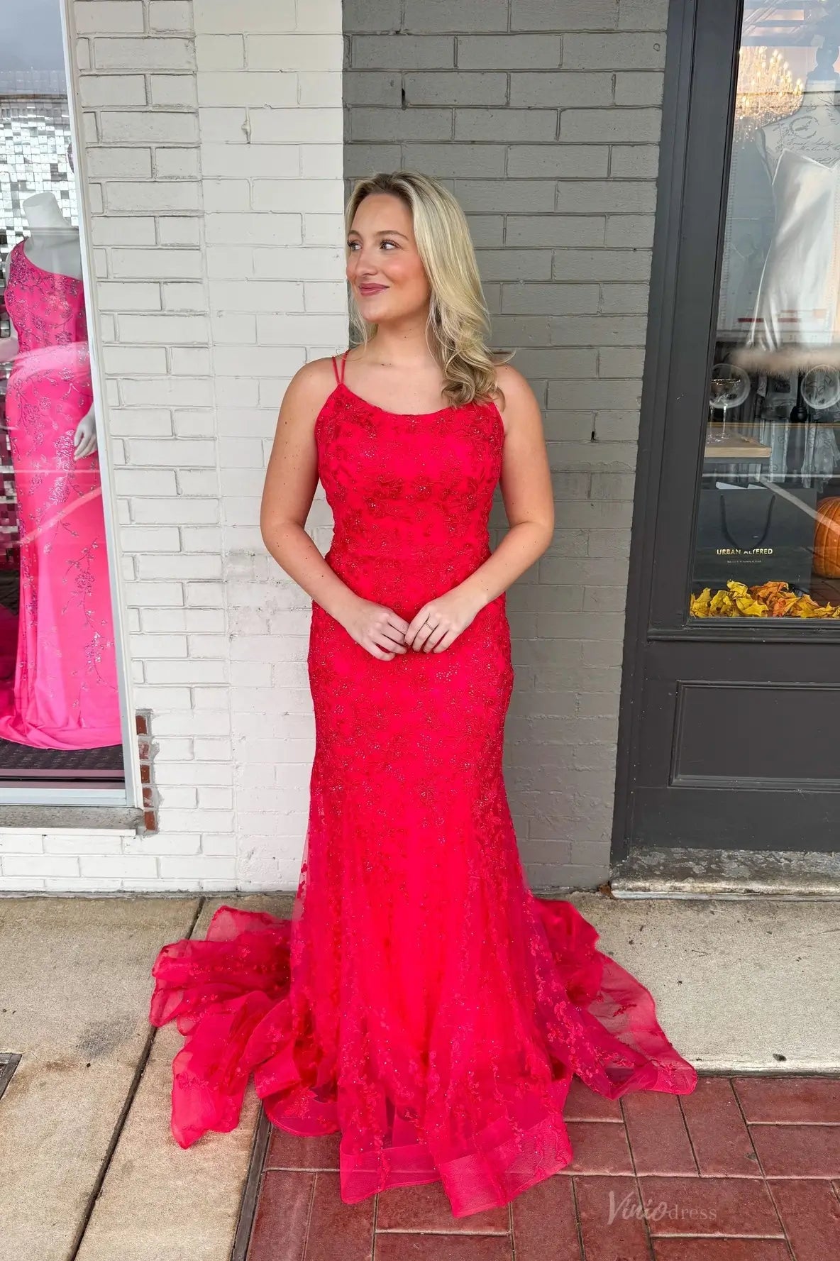 Radiant Red Sequin Lace Mermaid Prom Dress with Spaghetti Straps & Sweep Train – LP026-prom dresses 2026-Viniodress-Red-Custom Size-
