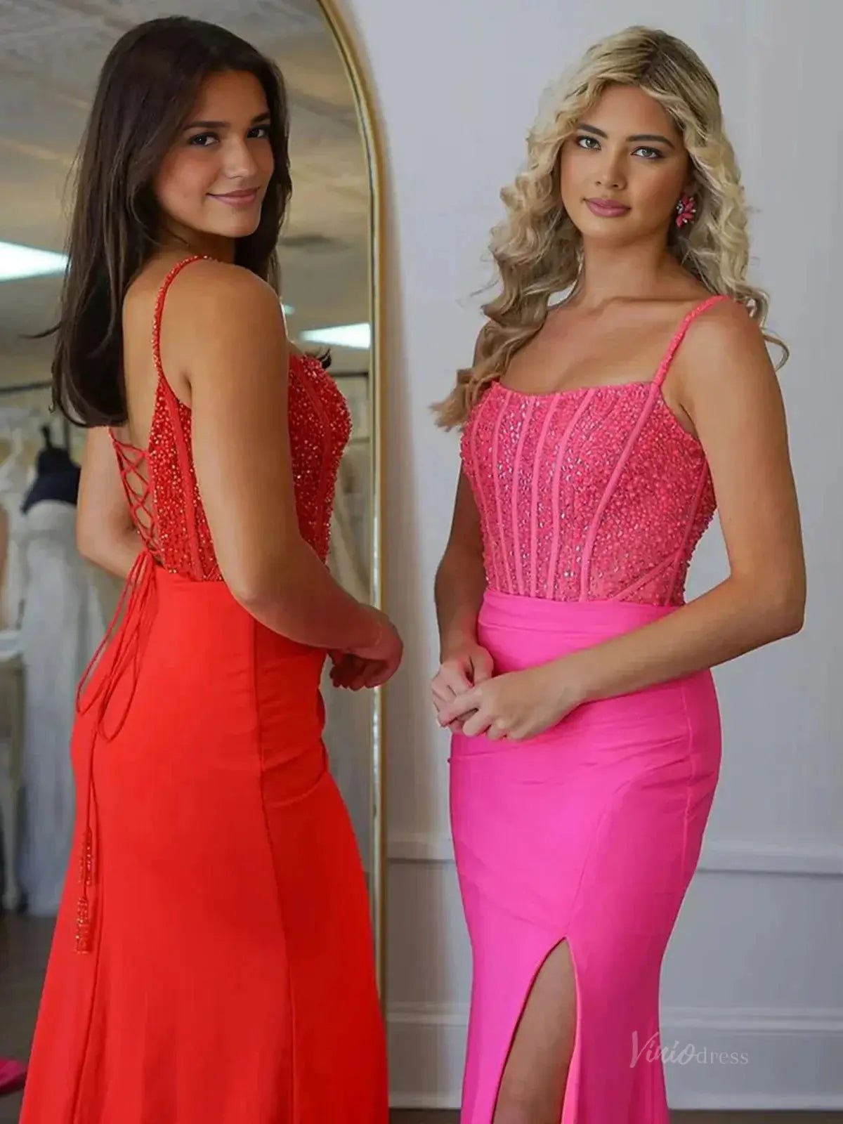 Radiant Satin Mermaid Prom Dresses 2025 with Slit, Spaghetti Strap & Beaded Boned Bodice – FD5060-prom dresses 2025 -Viniodress-Pink-Custom Size-