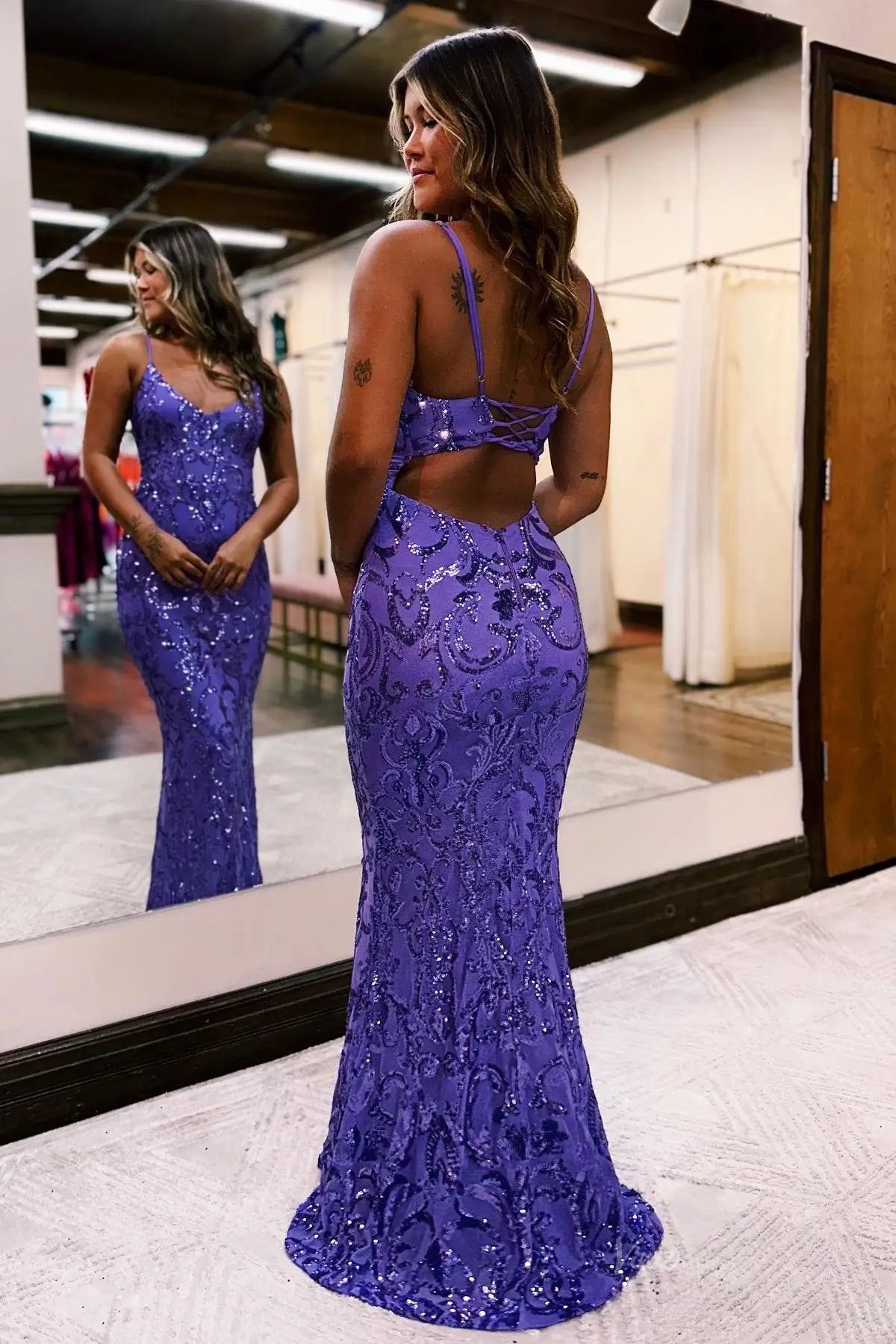 Radiant Sequin Lace Mermaid Prom Dress with Spaghetti Strap SQ041 Viniodress Radiant Sequin Lace Mermaid Prom Dress with Spaghetti Strap SQ041 Viniodress