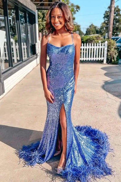 Radiant Sequin Mermaid Prom Dresses 2025 with Slit & Spaghetti Strap – FD5077-prom dresses 2025 -Viniodress-Blue-Custom Size-