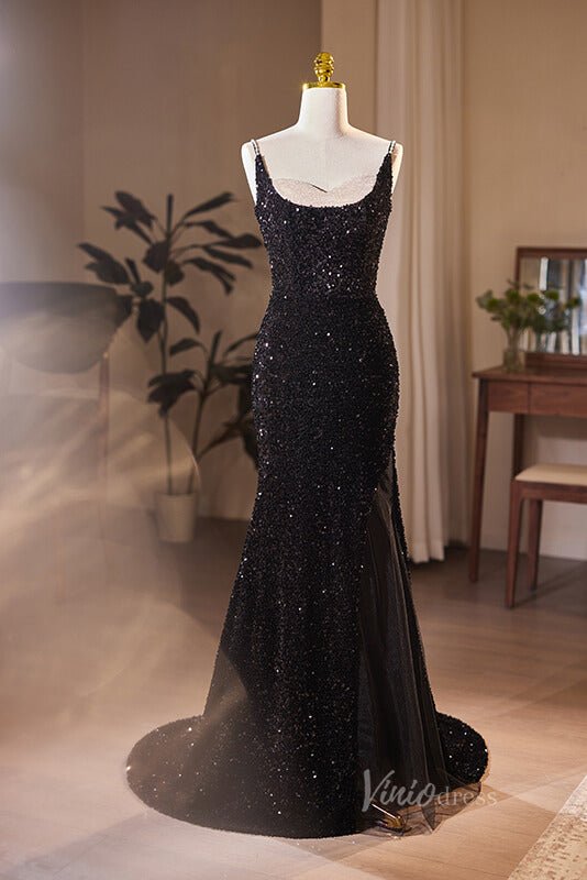 Radiant Sequin Mermaid Prom Dresses with Slit Spaghetti Strap Evening Dress AD1108-prom dresses 2025 -Viniodress-Black-Custom Size-