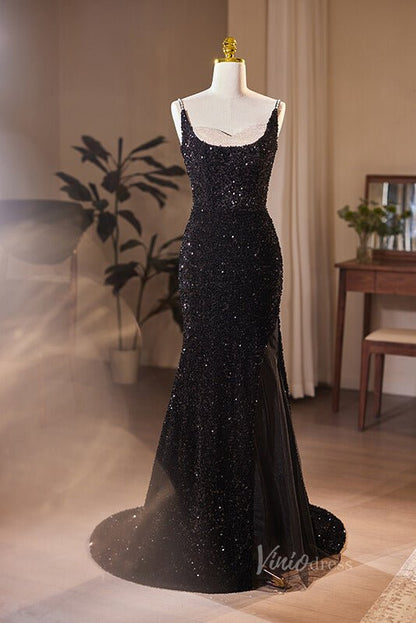 Radiant Sequin Mermaid Prom Dresses with Slit Spaghetti Strap Evening Dress AD1108-prom dresses 2025 -Viniodress-Black-Custom Size-