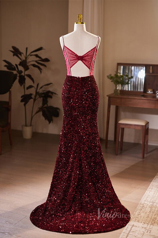 Radiant Sequin Mermaid Prom Dresses with Slit Spaghetti Strap Evening Dress AD1108-prom dresses 2025 -Viniodress-Burgundy-Custom Size-