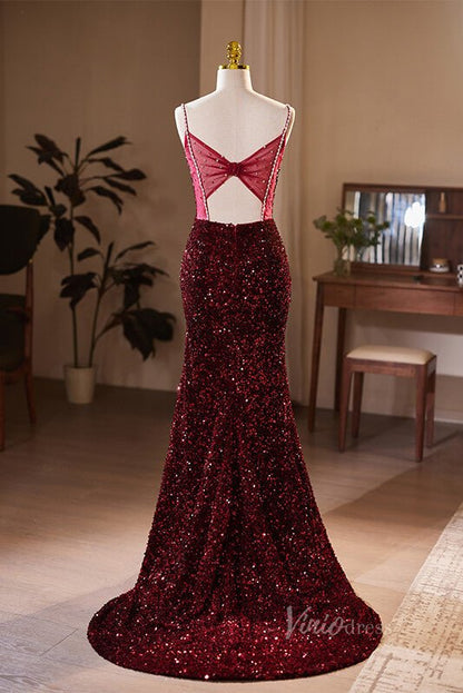 Radiant Sequin Mermaid Prom Dresses with Slit Spaghetti Strap Evening Dress AD1108-prom dresses 2025 -Viniodress-Burgundy-Custom Size-