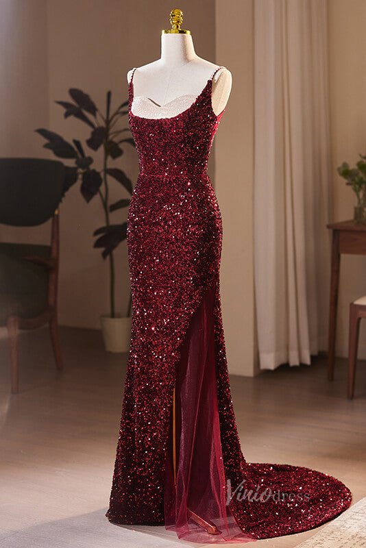 Radiant Sequin Mermaid Prom Dresses with Slit Spaghetti Strap Evening Dress AD1108-prom dresses 2025 -Viniodress-Burgundy-Custom Size-