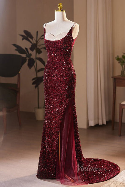Radiant Sequin Mermaid Prom Dresses with Slit Spaghetti Strap Evening Dress AD1108-prom dresses 2025 -Viniodress-Burgundy-Custom Size-