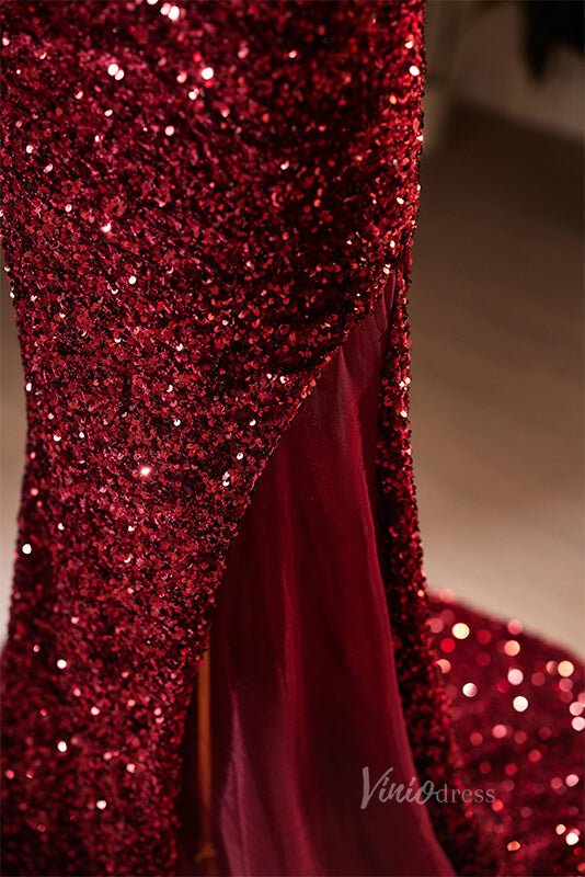 Radiant Sequin Mermaid Prom Dresses with Slit Spaghetti Strap Evening Dress AD1108-prom dresses 2025 -Viniodress-Burgundy-Custom Size-