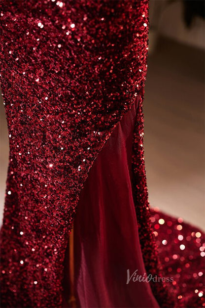 Radiant Sequin Mermaid Prom Dresses with Slit Spaghetti Strap Evening Dress AD1108-prom dresses 2025 -Viniodress-Burgundy-Custom Size-