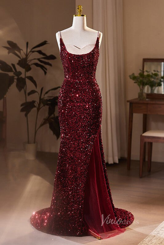 Radiant Sequin Mermaid Prom Dresses with Slit Spaghetti Strap Evening Dress AD1108-prom dresses 2025 -Viniodress-Burgundy-Custom Size-