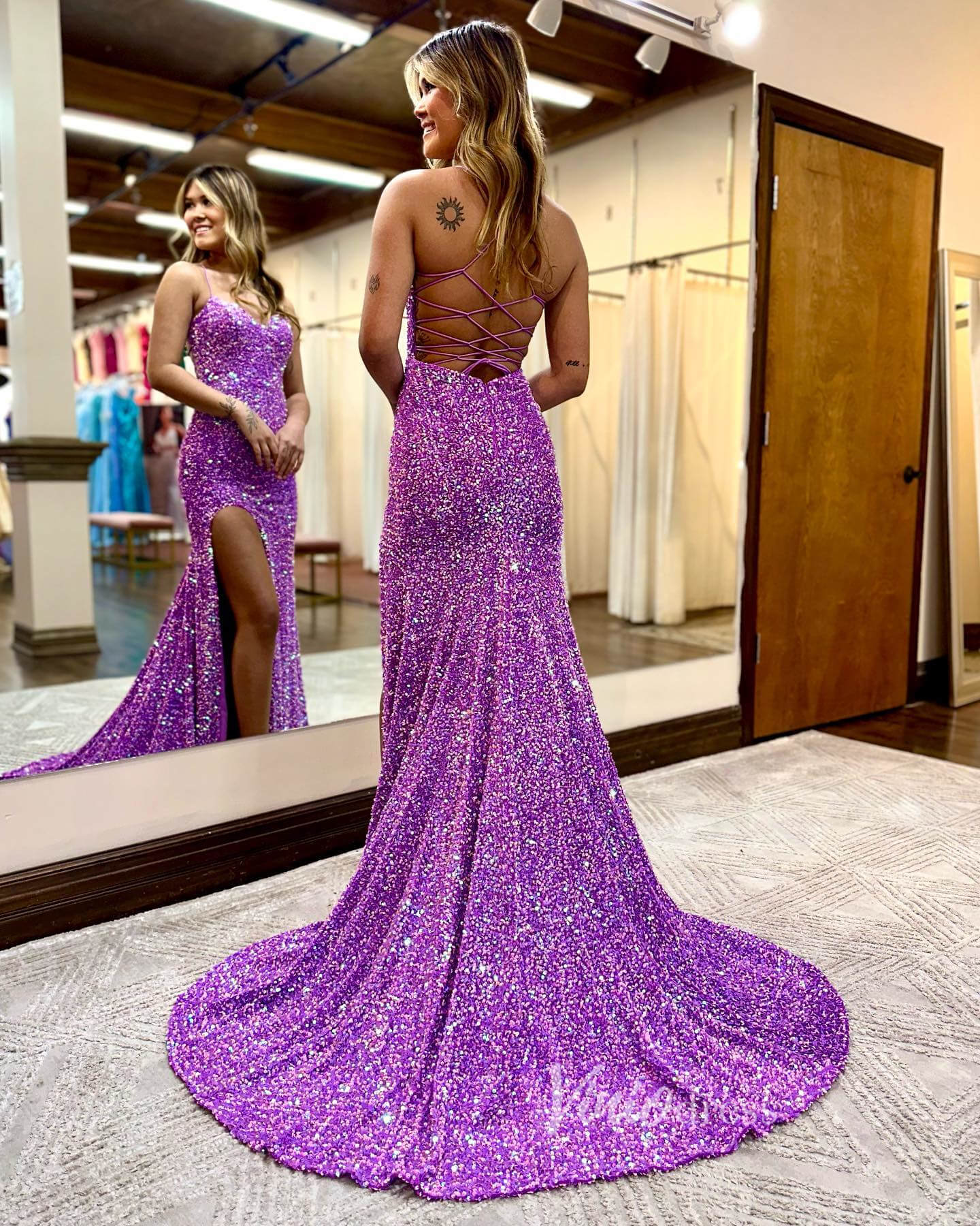 Radiant Sequin Prom Dresses with Slit Mermaid Spaghetti Strap Evening Dress FD3590-prom dresses 2025 -Viniodress-Lavender-Custom Size-
