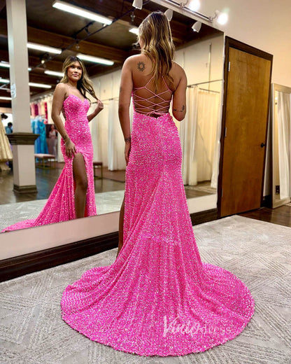Radiant Sequin Prom Dresses with Slit Mermaid Spaghetti Strap Evening Dress FD3590-prom dresses 2025 -Viniodress-Lavender-Custom Size-