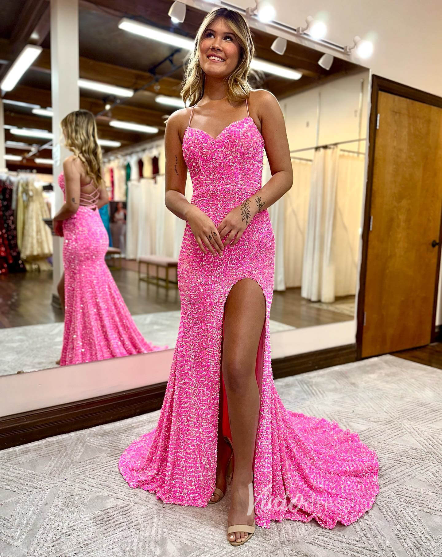Radiant Sequin Prom Dresses with Slit Mermaid Spaghetti Strap Evening Dress FD3590-prom dresses 2025 -Viniodress-Pink-Custom Size-