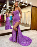 Radiant Sequin Prom Dresses with Slit Mermaid Spaghetti Strap Evening Dress FD3590
