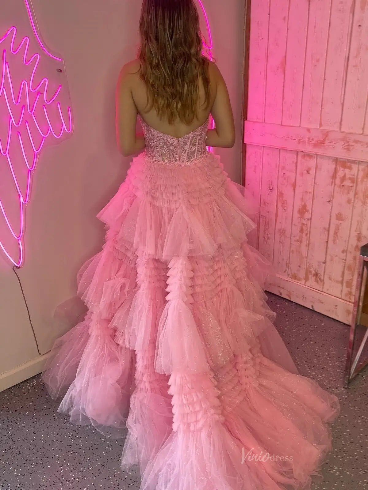 Radiant Sparkly Tulle Prom Dresses 2025 Ruffled Lace Halter Neck Formal Gown with Slit FD3730-prom dresses 2025 -Viniodress-Pink-Custom Size-