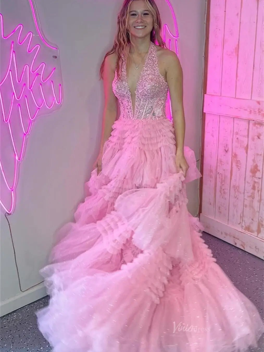 Radiant Sparkly Tulle Prom Dresses 2025 Ruffled Lace Halter Neck Formal Gown with Slit FD3730-prom dresses 2025 -Viniodress-Pink-Custom Size-