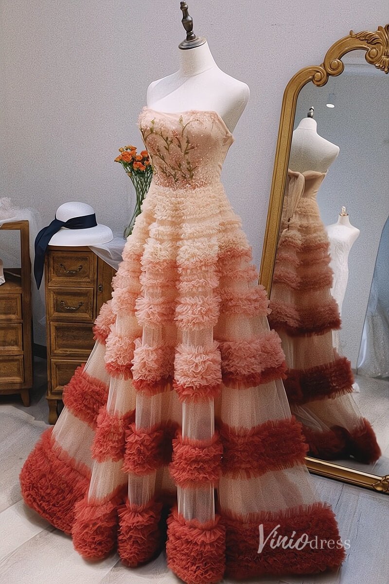 Radiant Tiered Prom Dresses Strapless Beaded Lace Applique Formal Dress AD1115-prom dresses 2025 -Viniodress-Ombre-Custom Size-