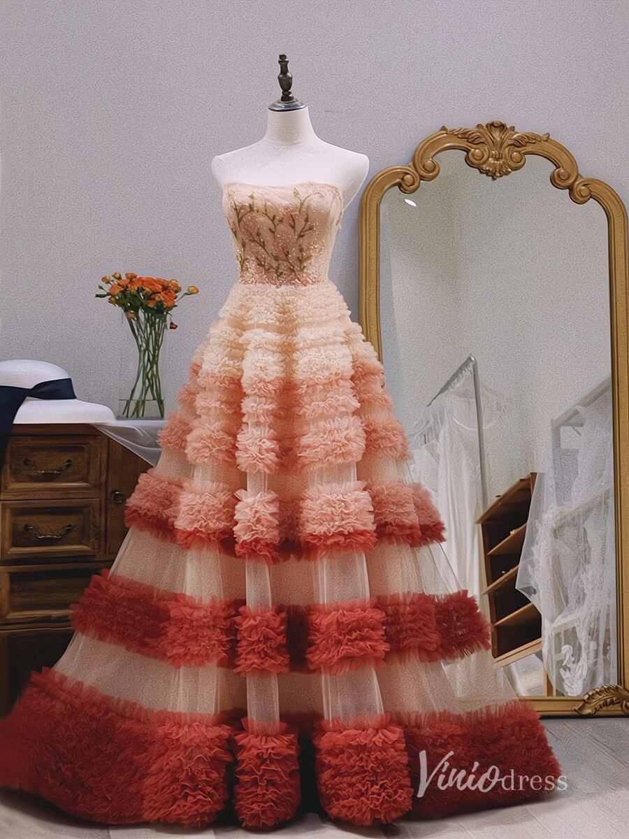 Radiant Tiered Prom Dresses Strapless Beaded Lace Applique Formal Dress AD1115-prom dresses 2025 -Viniodress-Ombre-Custom Size-