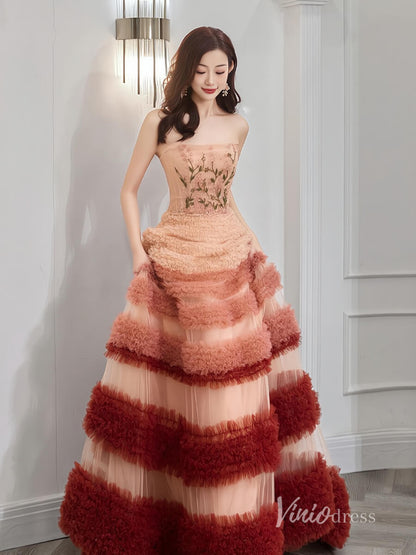 Radiant Tiered Prom Dresses Strapless Beaded Lace Applique Formal Dress AD1115-prom dresses 2025 -Viniodress-Ombre-Custom Size-