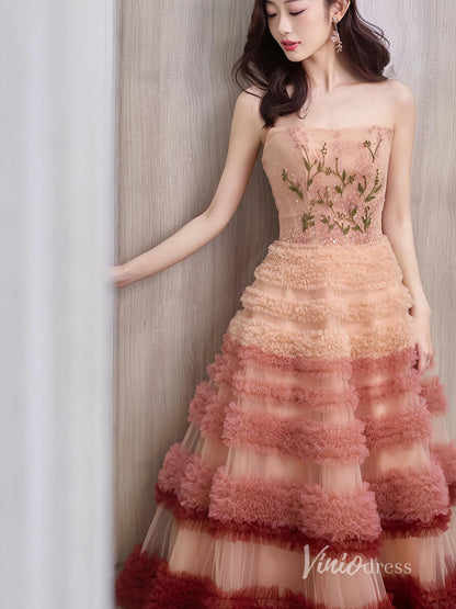 Radiant Tiered Prom Dresses Strapless Beaded Lace Applique Formal Dress AD1115-prom dresses 2025 -Viniodress-Ombre-Custom Size-
