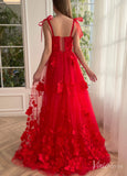 Red 3D Flower Prom Dresses with Pockets Bow Strap Floral Gown with Slit TO018-prom dresses-Viniodress-Viniodress