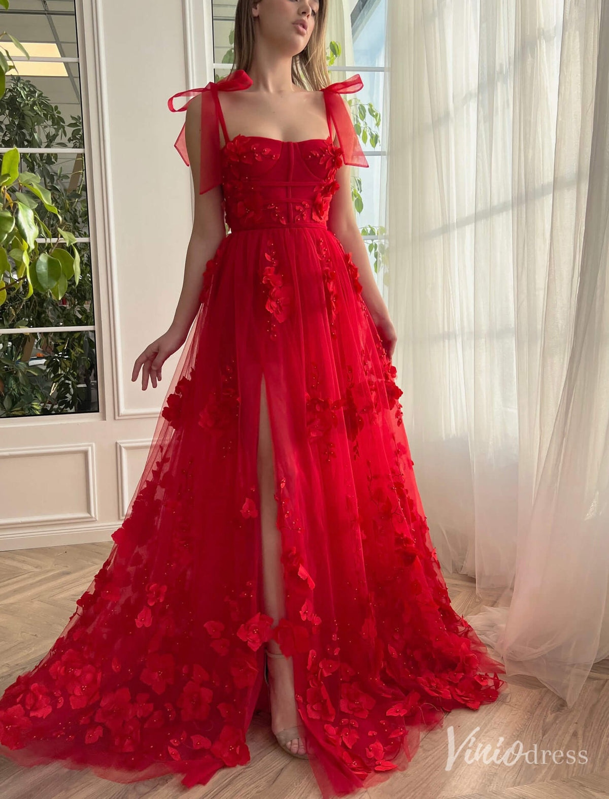 Red 3D Flower Prom Dresses with Pockets Bow Strap Floral Gown with Slit TO018-prom dresses-Viniodress-Red-Custom Size-Viniodress