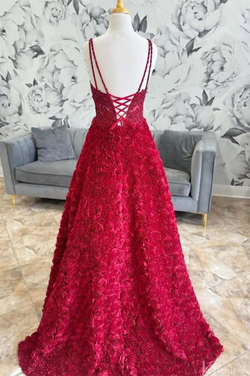 Red 3D Rose Ball Gown with Beaded Lace Corset Bodice & Lace-Up Back – AE1001-Evening Dresses 2025 -Viniodress-Red-Custom Size-