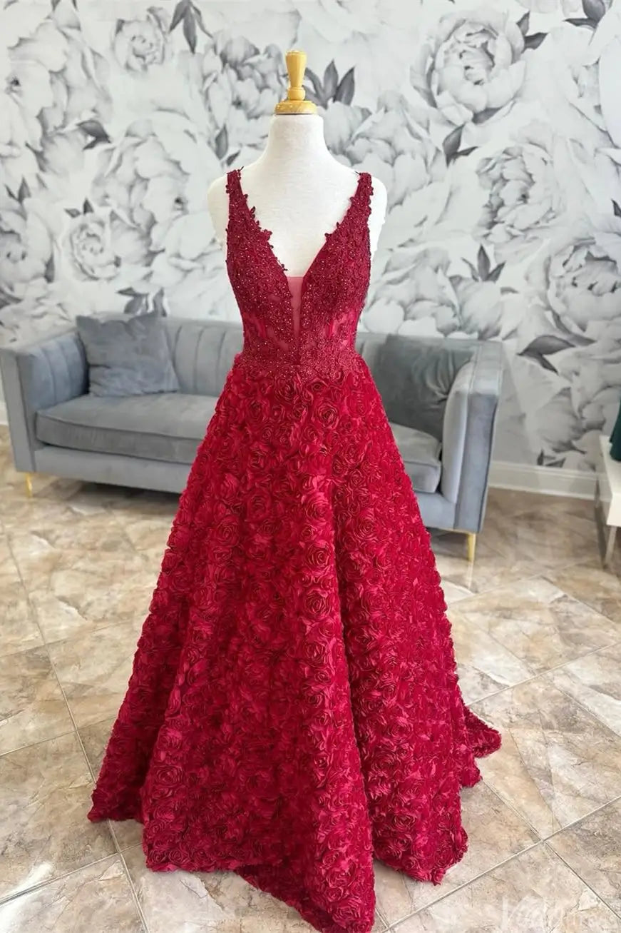 Red 3D Rose Ball Gown with Beaded Lace Corset Bodice & Lace-Up Back – AE1001-Evening Dresses 2025 -Viniodress-Red-Custom Size-