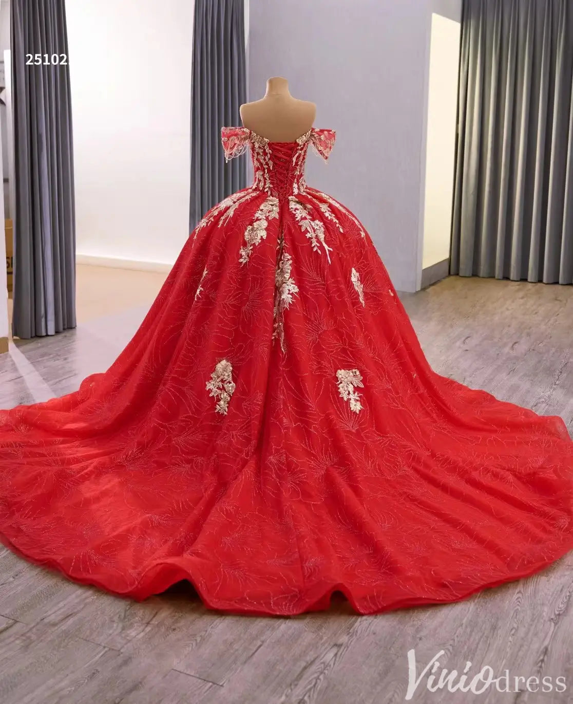 Red and Gold Quinceañera Dress with Off-Shoulder Sleeves and Floral Embroidery – Style 251021-Quinceanera Dresses 2025 -Viniodress-Red-Custom Size-