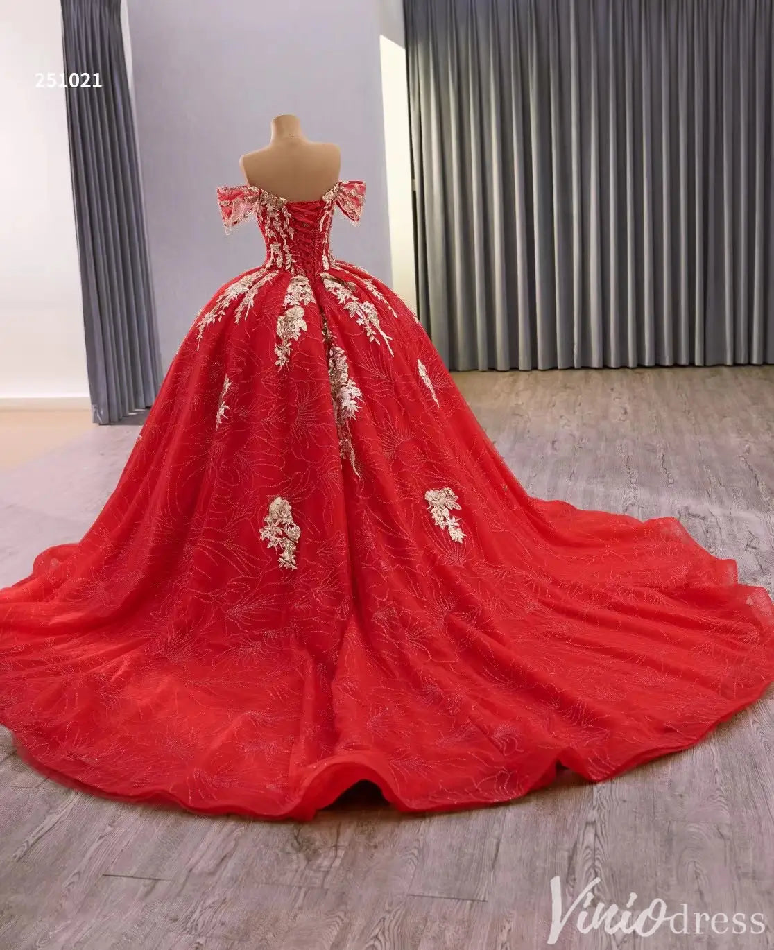 Red and Gold Quinceañera Dress with Off-Shoulder Sleeves and Floral Embroidery – Style 251021-Quinceanera Dresses 2025 -Viniodress-Red-Custom Size-
