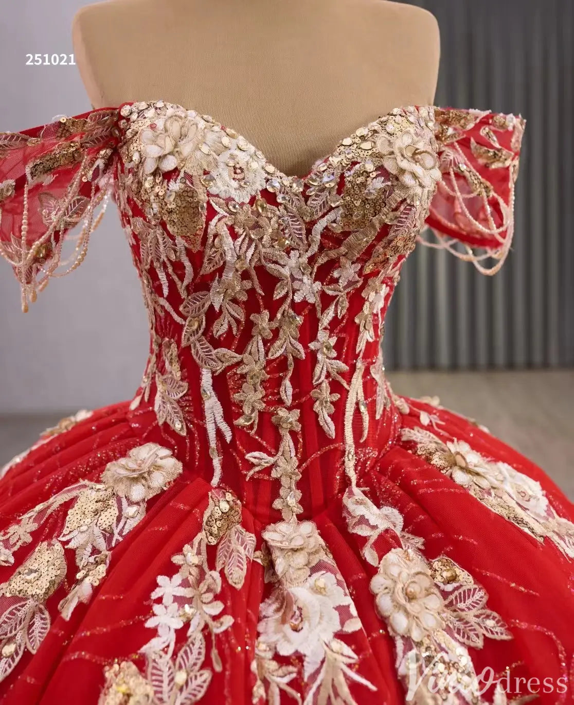 Red and Gold Quinceañera Dress with Off-Shoulder Sleeves and Floral Embroidery – Style 251021-Quinceanera Dresses 2025 -Viniodress-Red-Custom Size-