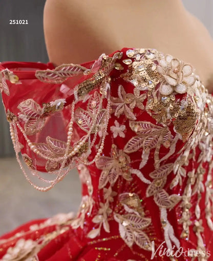Red and Gold Quinceañera Dress with Off-Shoulder Sleeves and Floral Embroidery – Style 251021-Quinceanera Dresses 2025 -Viniodress-Red-Custom Size-