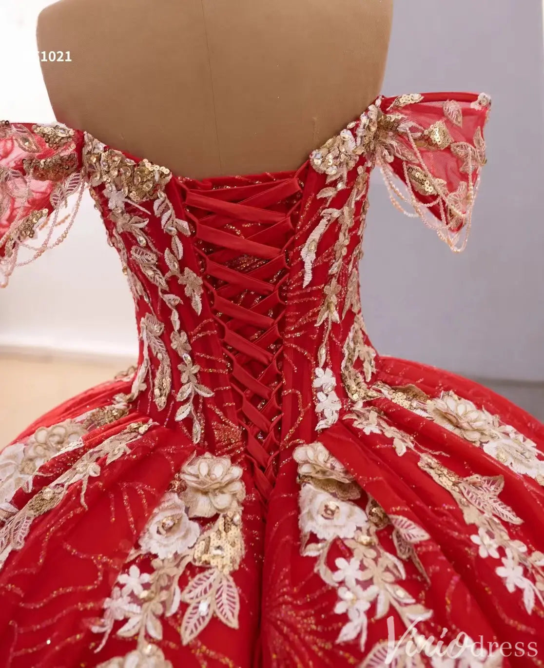 Red and Gold Quinceañera Dress with Off-Shoulder Sleeves and Floral Embroidery – Style 251021-Quinceanera Dresses 2025 -Viniodress-Red-Custom Size-