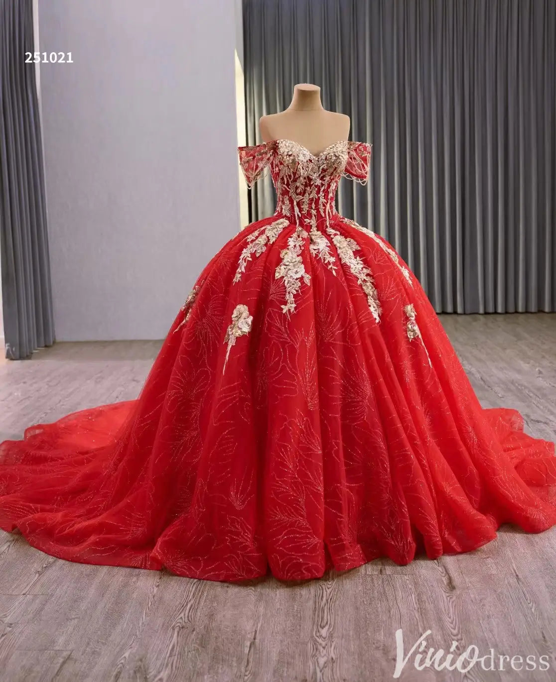 Red and Gold Quinceañera Dress with Off-Shoulder Sleeves and Floral Embroidery – Style 251021-Quinceanera Dresses 2025 -Viniodress-Red-Custom Size-