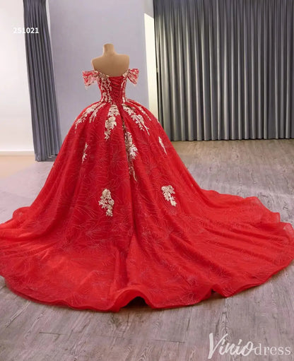 Red and Gold Quinceañera Dress with Off-Shoulder Sleeves and Floral Embroidery – Style 251021-Quinceanera Dresses 2025 -Viniodress-Red-Custom Size-