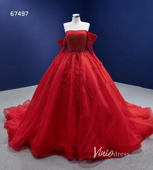 Red Ball Gown Wedding Dresses Long Sleeve Sweet 16 Dress 67497-Quinceanera Dresses 2025 -Viniodress-Red-Custom Size-
