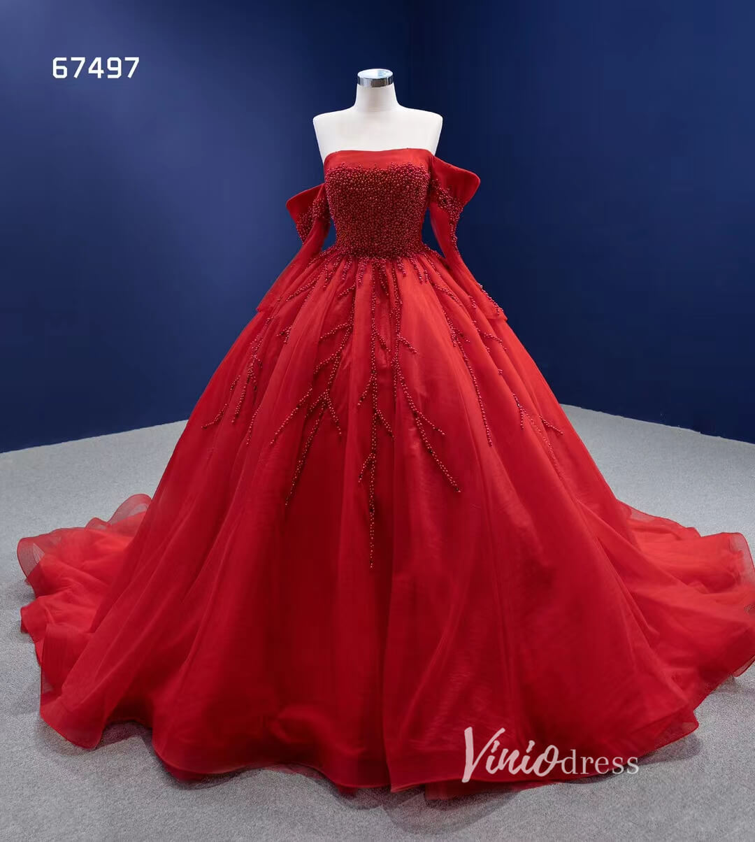 Red Ball Gown Wedding Dresses Long Sleeve Sweet 16 Dress 67497-Quinceanera Dresses-Viniodress-Red-Custom Size-Viniodress