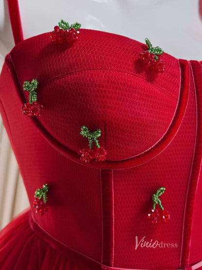 Red Beaded Cherry Prom Dresses Spaghetti Strap Tulle Maxi Dress FD4034-prom dresses 2025 -Viniodress-Red-Custom Size-