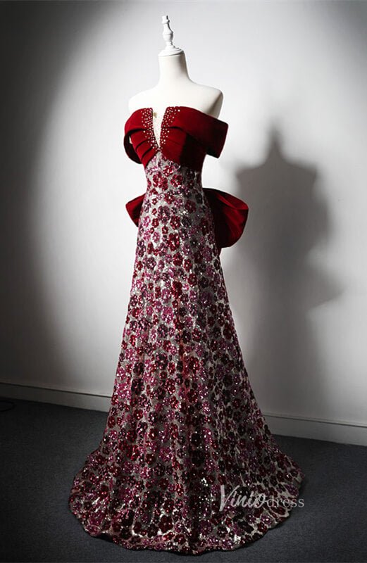 Red Beaded Floral Bow Tie Prom Dresses Off the Shoulder Formal Dress AD1216-prom dresses 2025 -Viniodress-Red-Custom Size-