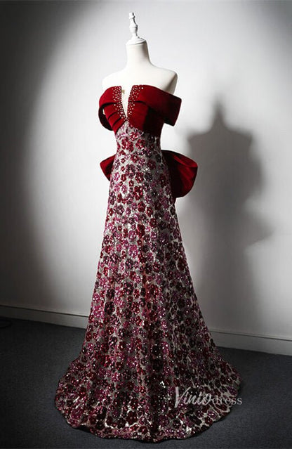 Red Beaded Floral Bow Tie Prom Dresses Off the Shoulder Formal Dress AD1216-prom dresses 2025 -Viniodress-Red-Custom Size-