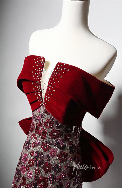 Red Beaded Floral Bow Tie Prom Dresses Off the Shoulder Formal Dress AD1216-prom dresses 2025 -Viniodress-Red-Custom Size-