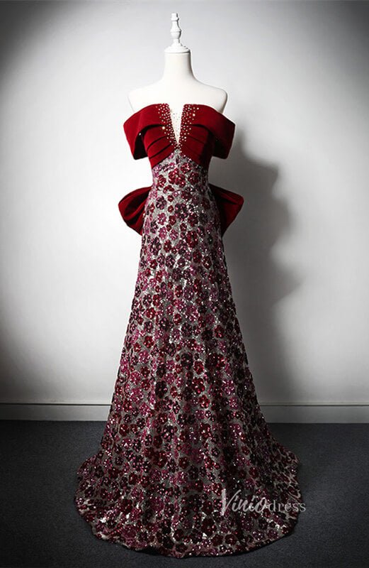 Red Beaded Floral Bow Tie Prom Dresses Off the Shoulder Formal Dress AD1216-prom dresses 2025 -Viniodress-Red-Custom Size-