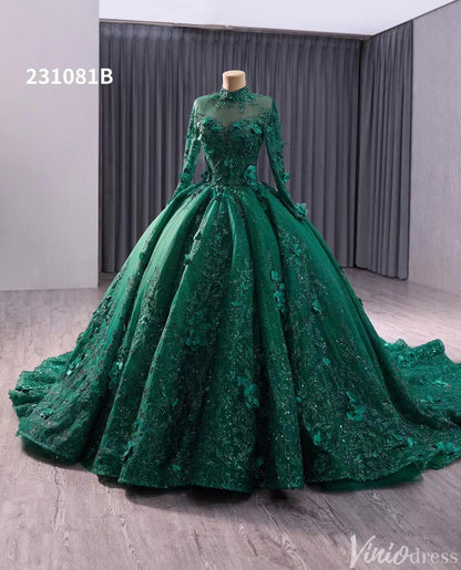 Red Beaded Lace Applique Wedding Gown Long Sleeve Quinceanera Dress 231081b-Quinceanera Dresses 2025 -Viniodress-Red-Custom Size-