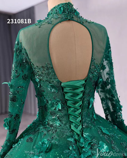 Red Beaded Lace Applique Wedding Gown Long Sleeve Quinceanera Dress 231081b-Quinceanera Dresses 2025 -Viniodress-Red-Custom Size-