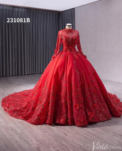 Red Beaded Lace Applique Wedding Gown Long Sleeve Quinceanera Dress 231081b-Quinceanera Dresses 2025 -Viniodress-Red-Custom Size-