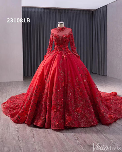 Red Beaded Lace Applique Wedding Gown Long Sleeve Quinceanera Dress 231081b-Quinceanera Dresses 2025 -Viniodress-Red-Custom Size-