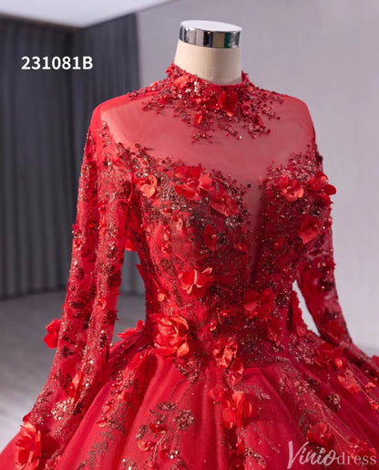 Red Beaded Lace Applique Wedding Gown Long Sleeve Quinceanera Dress 231081b-Quinceanera Dresses 2025 -Viniodress-Red-Custom Size-