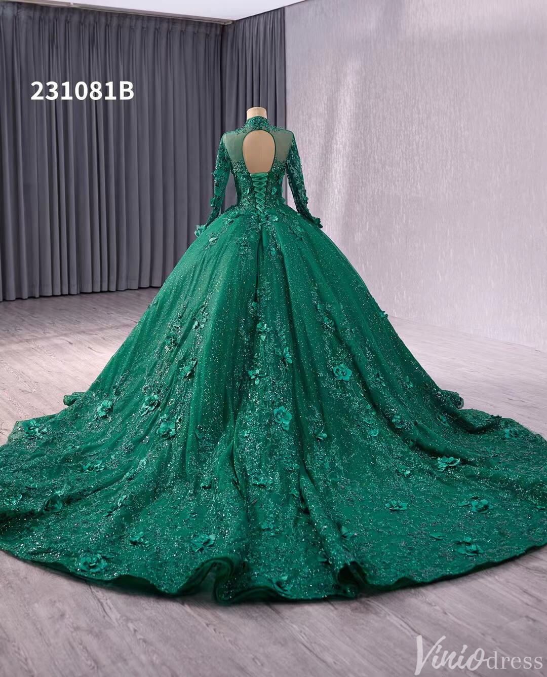 Red Beaded Lace Applique Wedding Gown Long Sleeve Quinceanera Dress 231081b-Quinceanera Dresses 2025 -Viniodress-Red-Custom Size-