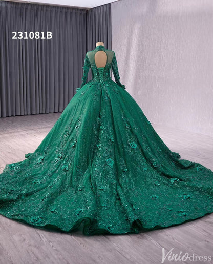 Red Beaded Lace Applique Wedding Gown Long Sleeve Quinceanera Dress 231081b-Quinceanera Dresses 2025 -Viniodress-Red-Custom Size-