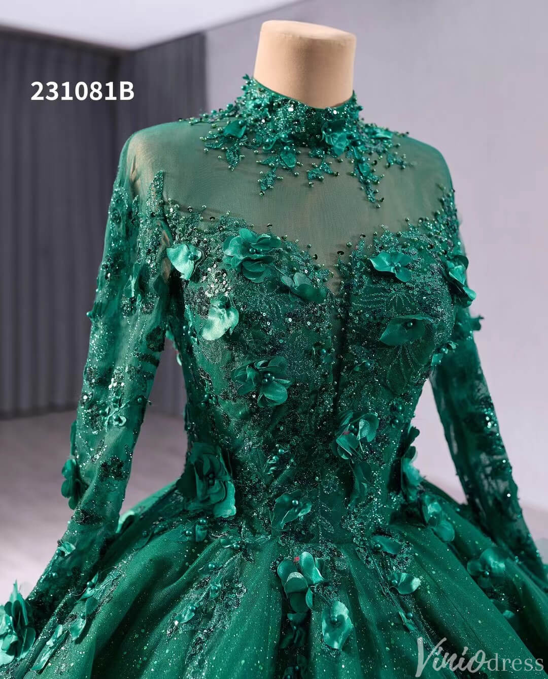 Red Beaded Lace Applique Wedding Gown Long Sleeve Quinceanera Dress 231081b-Quinceanera Dresses 2025 -Viniodress-Red-Custom Size-