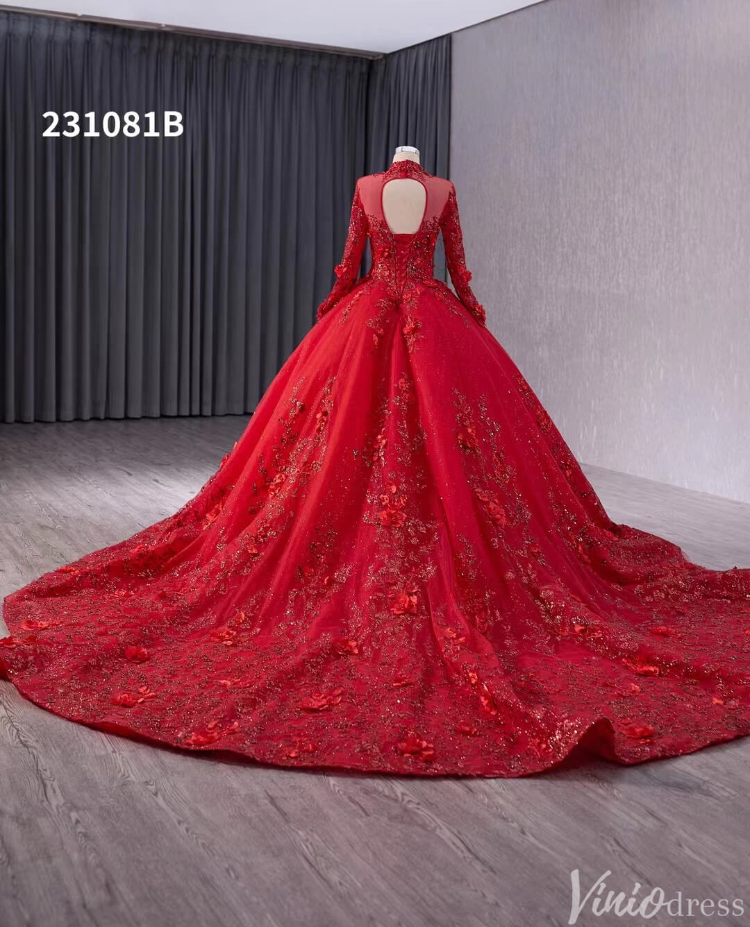 Red Beaded Lace Applique Wedding Gown Long Sleeve Quinceanera Dress 231081b - ViniodressQuinceanera DressesRedCustom Size - Formal Dresses - Ball Gowns